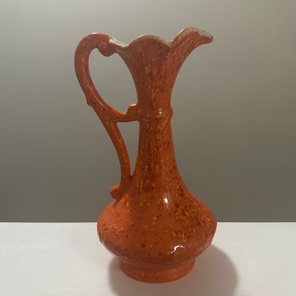 Hand Crafted Other - Vintage 1974 Handmade Ceramic Vase w/Handle Orange w/Yellow Red Specks 12” tall